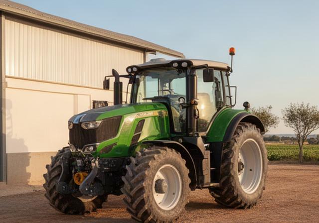 Tractor agrícola moderno preparado junto a una nave de maquinaria en Bollullos de la Mitación
