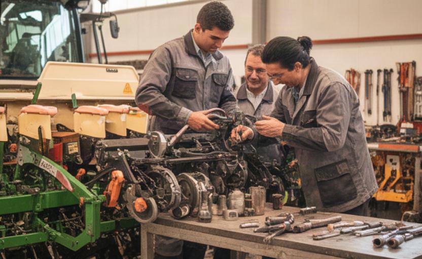 Técnicos de D.C. Labranza Andaluza S.L. revisando una sembradora en el taller de Bollullos de la Mitación