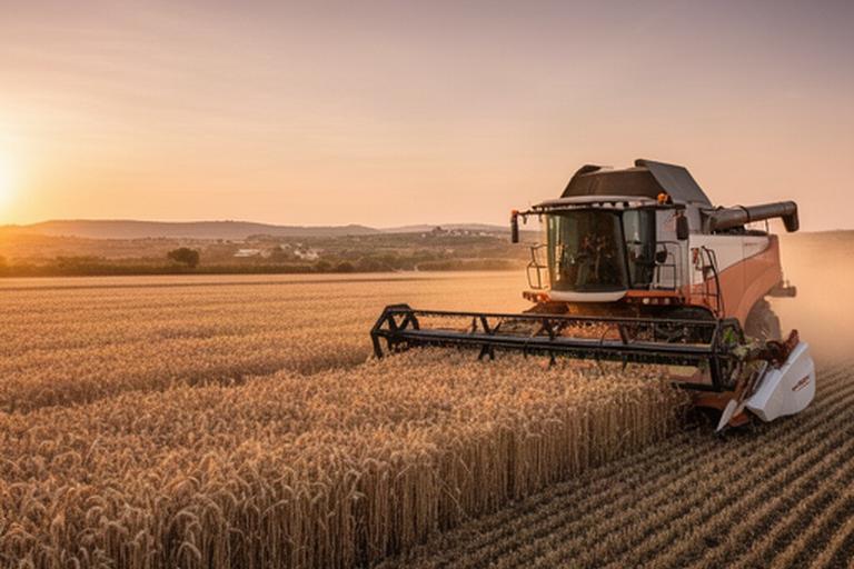 Detalle de una cosechadora agrícola trabajando en un campo de cereal al atardecer