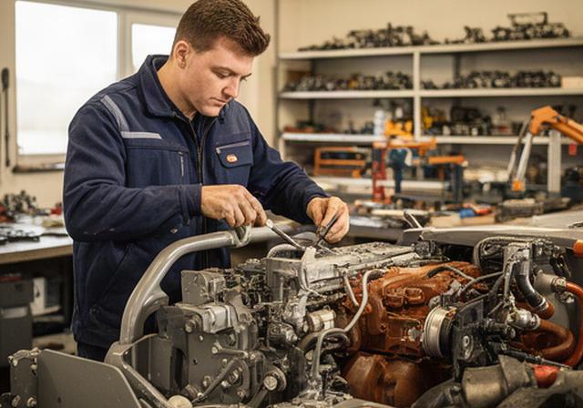 Técnico revisando el motor de una máquina agrícola en un taller equipado