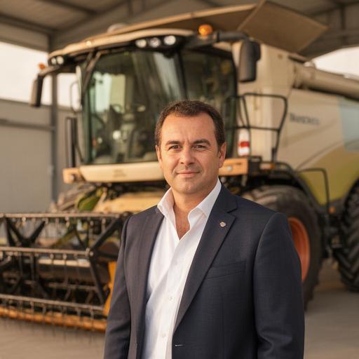 Apu Saratxaga, director general de D.C. Labranza Andaluza S.L., junto a una cosechadora en la planta