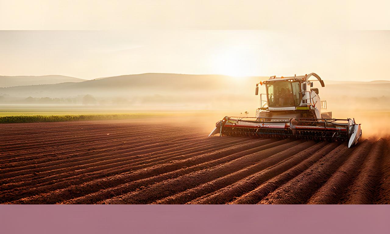 Detalle de una maquinaria agrícola trabajando en una parcela de cultivo al amanecer