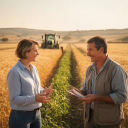 Reggie Danc, responsable comercial, conversando con un agricultor en una parcela de Andalucía