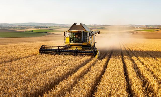 Cosechadora de cereal avanzando entre parcelas agrícolas de Sevilla