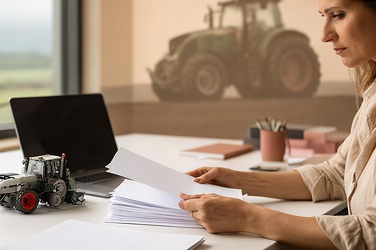 Persona revisando documentación de una empresa de maquinaria agrícola en una oficina