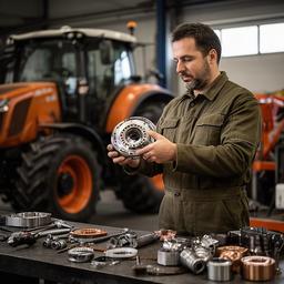 Kevinsito Misuraca, jefe de taller, comprobando una pieza de maquinaria agrícola
