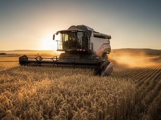 Cosechadora trabajando al atardecer en un campo de cereal de Andalucía