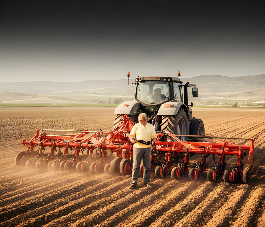 Técnico revisando una sembradora junto a un tractor en una finca agrícola de Andalucía