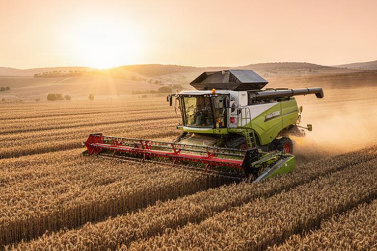 Cosechadora CX-8070 trabajando en un campo de cereal al atardecer