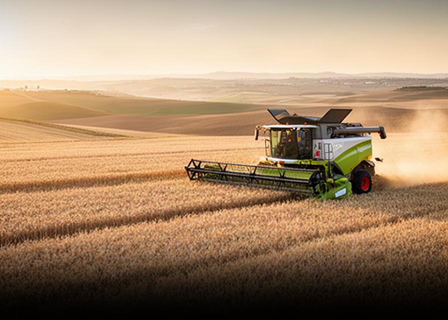 Cosechadora trabajando entre campos de cereal dorado en Andalucía al atardecer